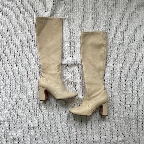 Stuart Weitzman Women's Leather Bisque Knee-High Milla Boots - Size 6 - Picture 3 of 6